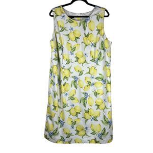 Talbots Dress Womens 18W White Lemon Print Sleeveless Shift Lined Summer